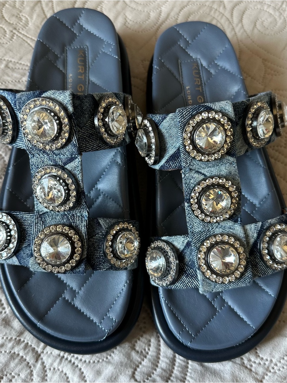 Kurt Geiger London Orson Crystal Denim Slide Sandals - Blue - Picture 2 of 7
